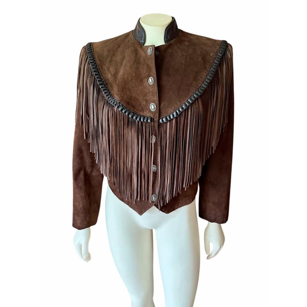 Cache Brown Suede Leather Fringe Western Crop Jacket Concho Buttons Vintage - Picture 3 of 13